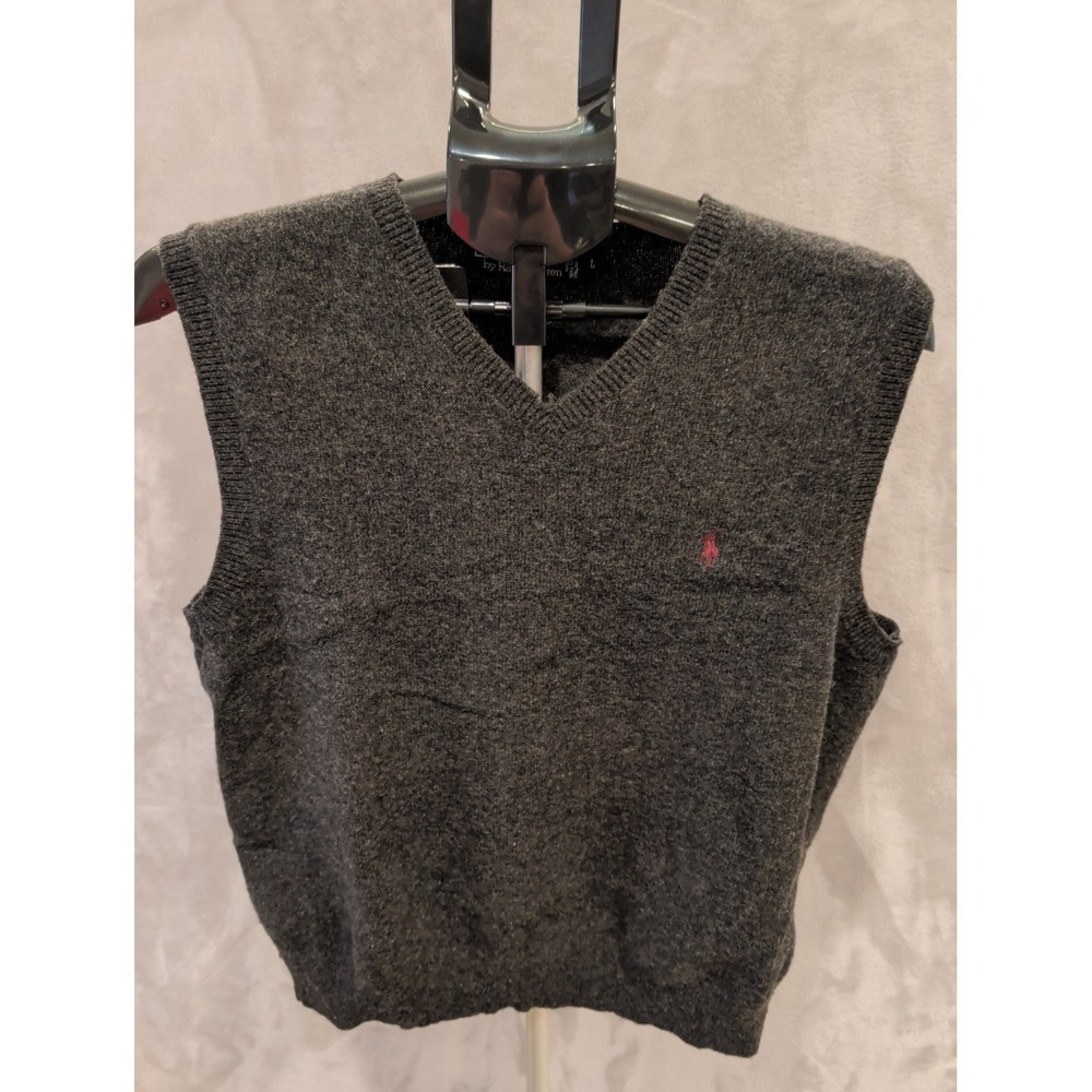 Polo Ralph Lauren Mens Gray 100% Lambswool V Neck Knit  Logo Vest‎ Size L